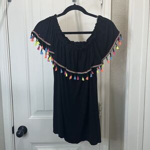 Lilypad Black Pompom Tassels Off The Shoulder Mexican Black Top Womens Size M